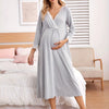 Maternity Long Sleeve V-Neck Nightgown - Stretchy Nursing Nightdress for Fall/Winter, Comfortable Casual Maternity Sleepwear