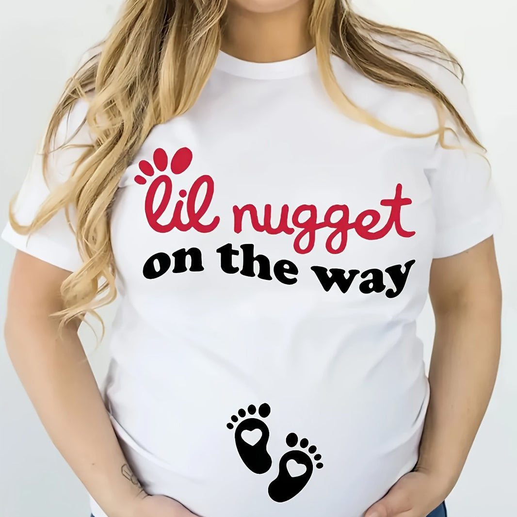 Comfy Maternity T-Shirt - "Lil Nugget on the Way" Graphic, Short Sleeve, Casual Polyester Tee for Pregnant Women, Machine Washable, Summer Wear