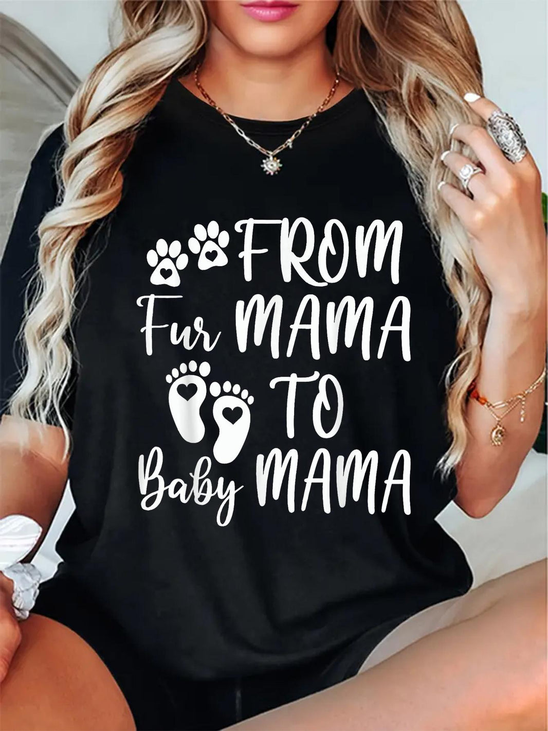 From Fur Mama to Youngsters Mama" Pregnancy Announcement T-Shirt - Soft Blend, Casual Style, Black with White Lettering, Footprint & Paw Print Design, Comfortable Maternity Tee for Expecting Moms
