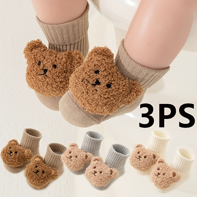 1 Pair/3 Pairs of Soft & Comfortable Ribbed Socks for Babies - Cute Bear Design | Non-Slip with Fold-Over Top, Suitable for Children