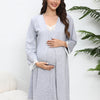 Cozy Maternity Pajama Set - Denim Blue Long-Sleeve Cardigan & Dress with White Lace Trim, 100% Polyester, Machine Washable Maternity Loungewear