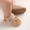 Cartoon Bear Baby Shoes (3/6/9 Months) — Anti-Slip Corduroy Crib Shoes with Hook-and-Loop Closure, Breathable Rubber Sole