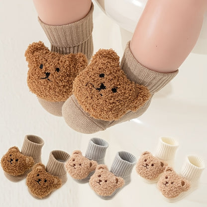 1 Pair/3 Pairs of Soft & Comfortable Ribbed Socks for Babies - Cute Bear Design | Non-Slip with Fold-Over Top, Suitable for Children