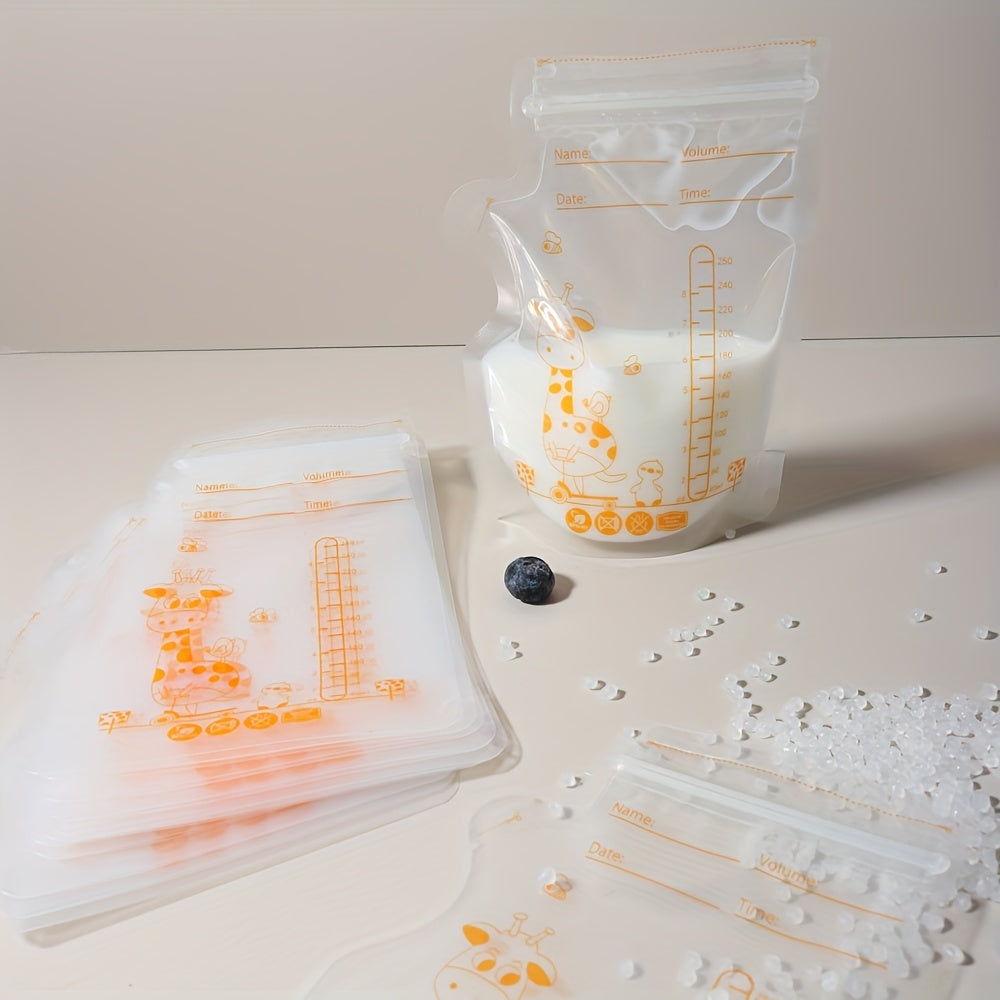 100pcs Giraffe-Themed Kids’ Food Storage Bags – 250ml (8.45oz) Each – Self-Standing, Space-Saving, Transparent BPA-Free Bags for Breastfeeding & Baby Feeding – Easy Pour Spout & Stackable Design
