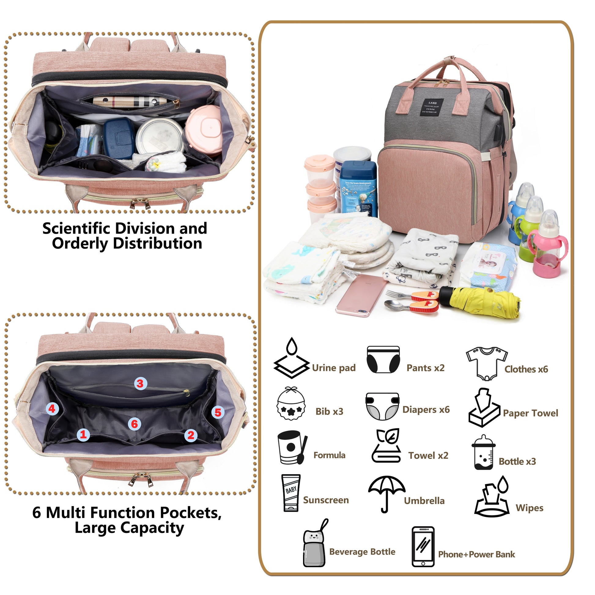 Lamroro Multifunctional Diaper Backpack with Changing Station - Soft Shell Polyester Daypack for Travel & Preschool, Zipper Closure, Mirror Embellishment, Stash Pocket, Striped Pattern, Perfect Gift - Kidzy Market