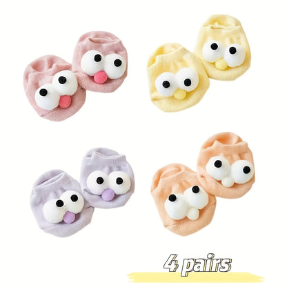 4 Pairs Youngsters Big Eyes Soft Non-Slip Boat Socks - Candy Color Cute Cartoon Short Socks for Kids