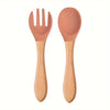2PCS Silicone Feeding Set – Durable Spoon & Fork with Wooden Handle, BPA-Free Self-Feeding Utensils for Toddlers & Babies