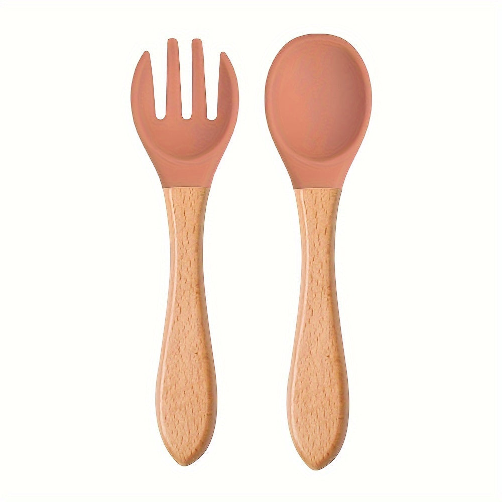 2PCS Silicone Feeding Set – Durable Spoon & Fork with Wooden Handle, BPA-Free Self-Feeding Utensils for Toddlers & Babies
