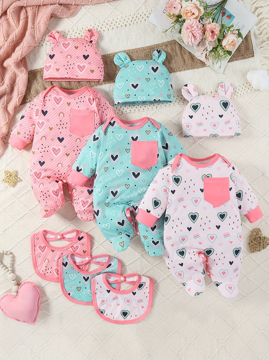 9-Pack Baby Girl Footed Jumpsuit Set – Long Sleeve Love Hearts Design with Bunny Hats & Bibs – Stylish & Comfy Outdoor Wear for Infants - Kidzy Market