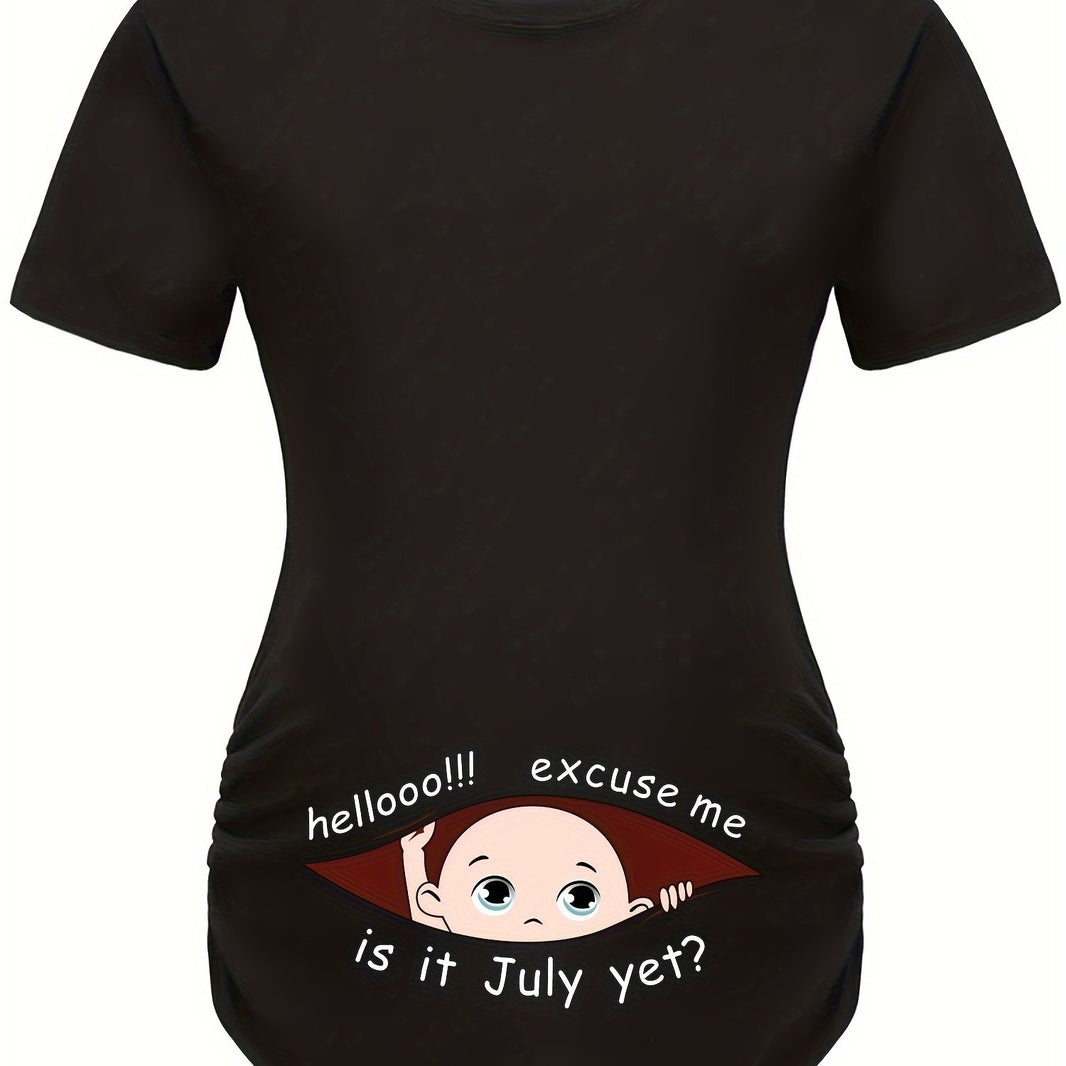 Hello Month & Cartoon Character Print Maternity T-Shirt, Round Neck Short Sleeve Pregnant Women's Top for Pregnancy Announcement - Comfortable Fit