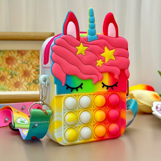 Colorful Unicorn Crossbody Bag for Kids – Waterproof Silicone Fidget Purse with Adjustable Strap & Zip Closure, Ages 5-8 - Kidzy Market