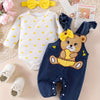 CETEPY Baby Girl Outfit – Long Sleeve Jumpsuit with Denim Overalls & Headband (Cartoon Bear Pattern, 3pcs Set, Fall/Winter, 0-18 Months)