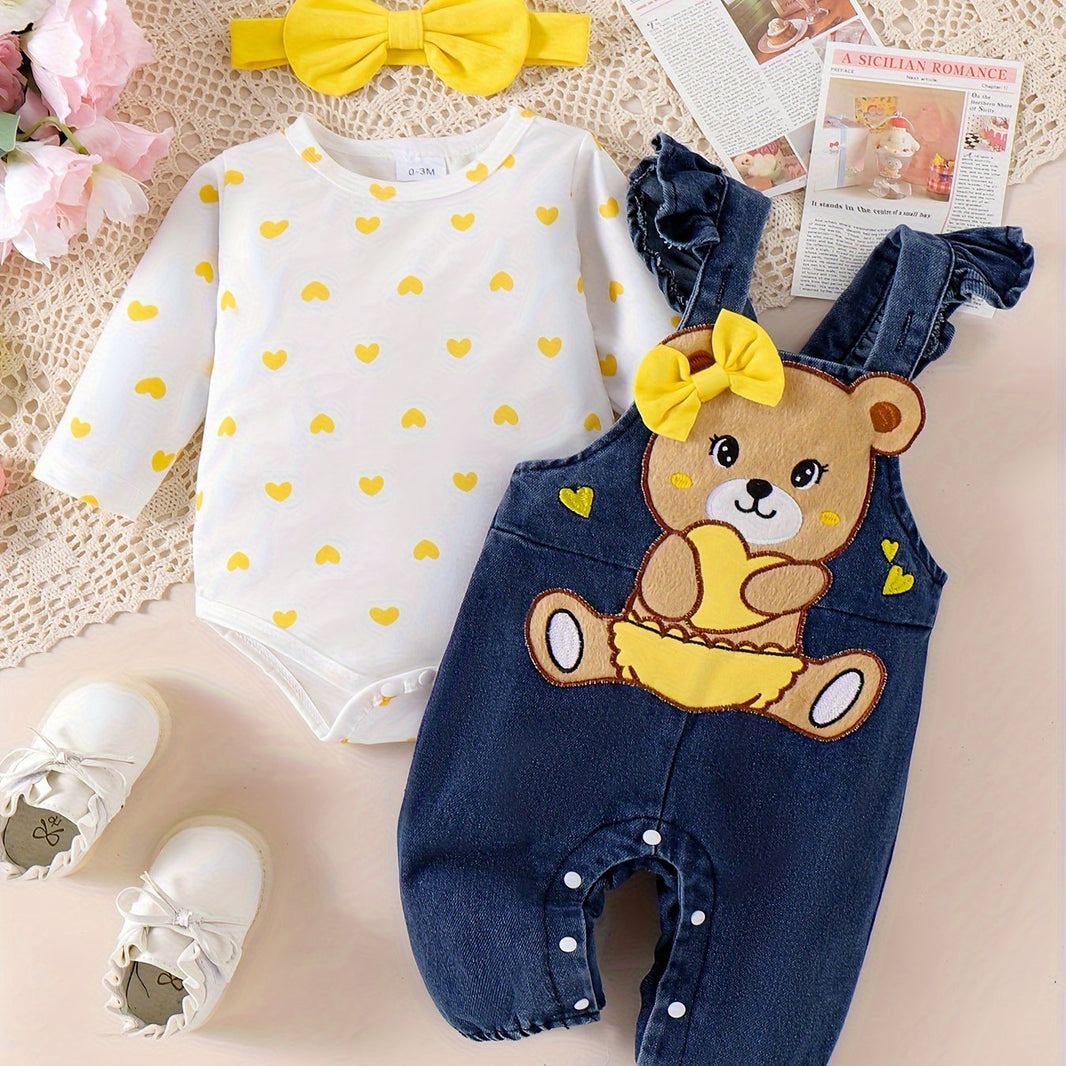 CETEPY Baby Girl Outfit – Long Sleeve Jumpsuit with Denim Overalls & Headband (Cartoon Bear Pattern, 3pcs Set, Fall/Winter, 0-18 Months)