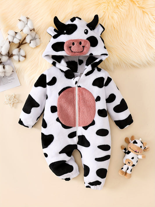 Adorable Cow Print Hooded Baby Romper – Soft Plush Polyester Jumpsuit (Autumn/Winter, Cozy One-Piece, Ideal for Baby Showers & Holidays)