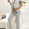 Two-Tone Maternity Pajama Set – Button-Front V-Neck Top & High-Waisted Pants, Comfortable Maternity Sleepwear