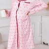 Maternity Heart-Print Long Sleeve Sleep Dress with Pockets — Soft Pink & Red Trim, Breathable Knit Nightgown for Pregnant Women, All-Season Pregnancy Sleepwear