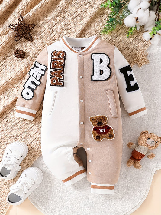 JOPGEEY Boys' Cozy Fleece Bodysuit – 3D Embroidered Badge, Colorful Ribbed, Machine Washable (Fall/Winter, Outdoor Wear)