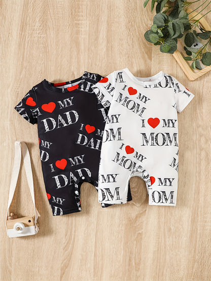 2pcs Baby Boy Summer Outfit – "I Love Grandma, Mom, Dad" Alphabet Print Jumpsuit, Casual Knit Polyester & Spandex Set (Short Sleeve, Outdoor Wear)