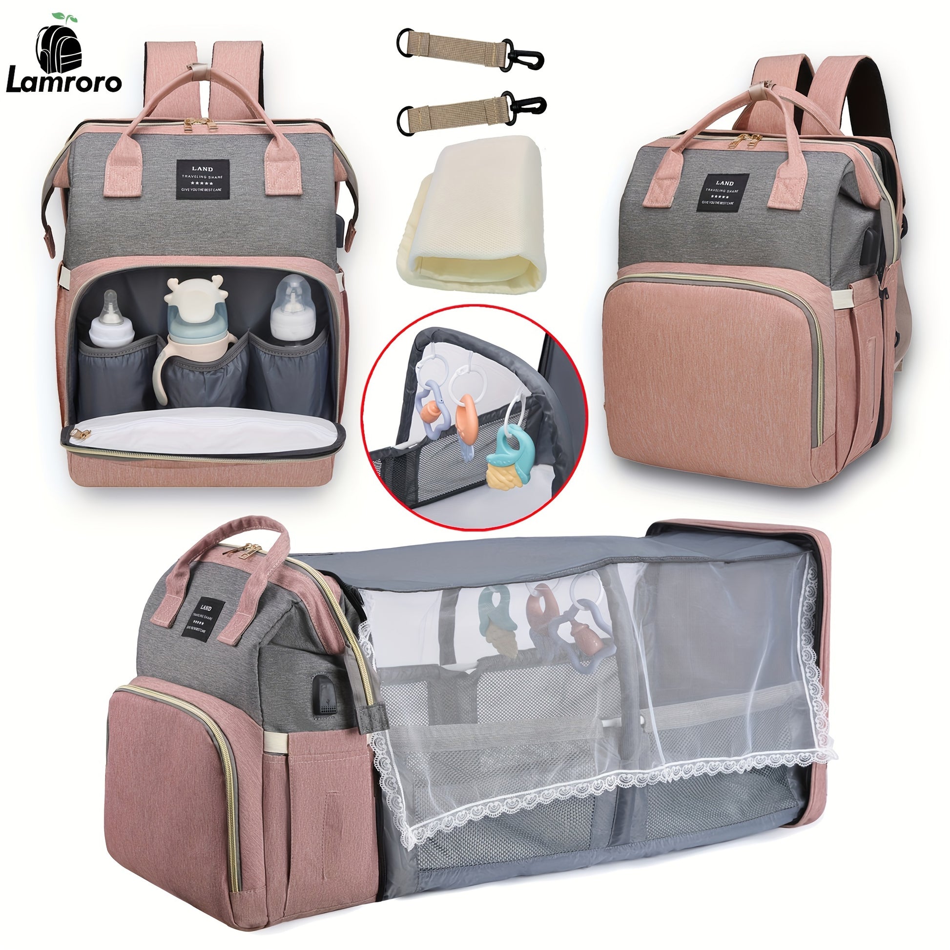 Lamroro Multifunctional Diaper Backpack with Changing Station - Soft Shell Polyester Daypack for Travel & Preschool, Zipper Closure, Mirror Embellishment, Stash Pocket, Striped Pattern, Perfect Gift - Kidzy Market