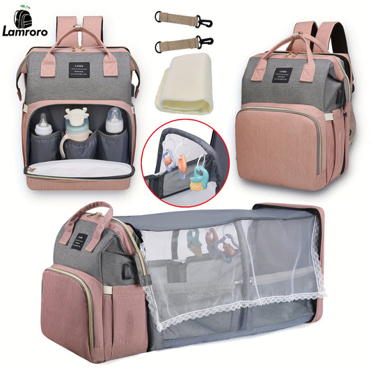 Lamroro Multifunctional Diaper Backpack with Changing Station - Soft Shell Polyester Daypack for Travel & Preschool, Zipper Closure, Mirror Embellishment, Stash Pocket, Striped Pattern, Perfect Gift - Kidzy Market