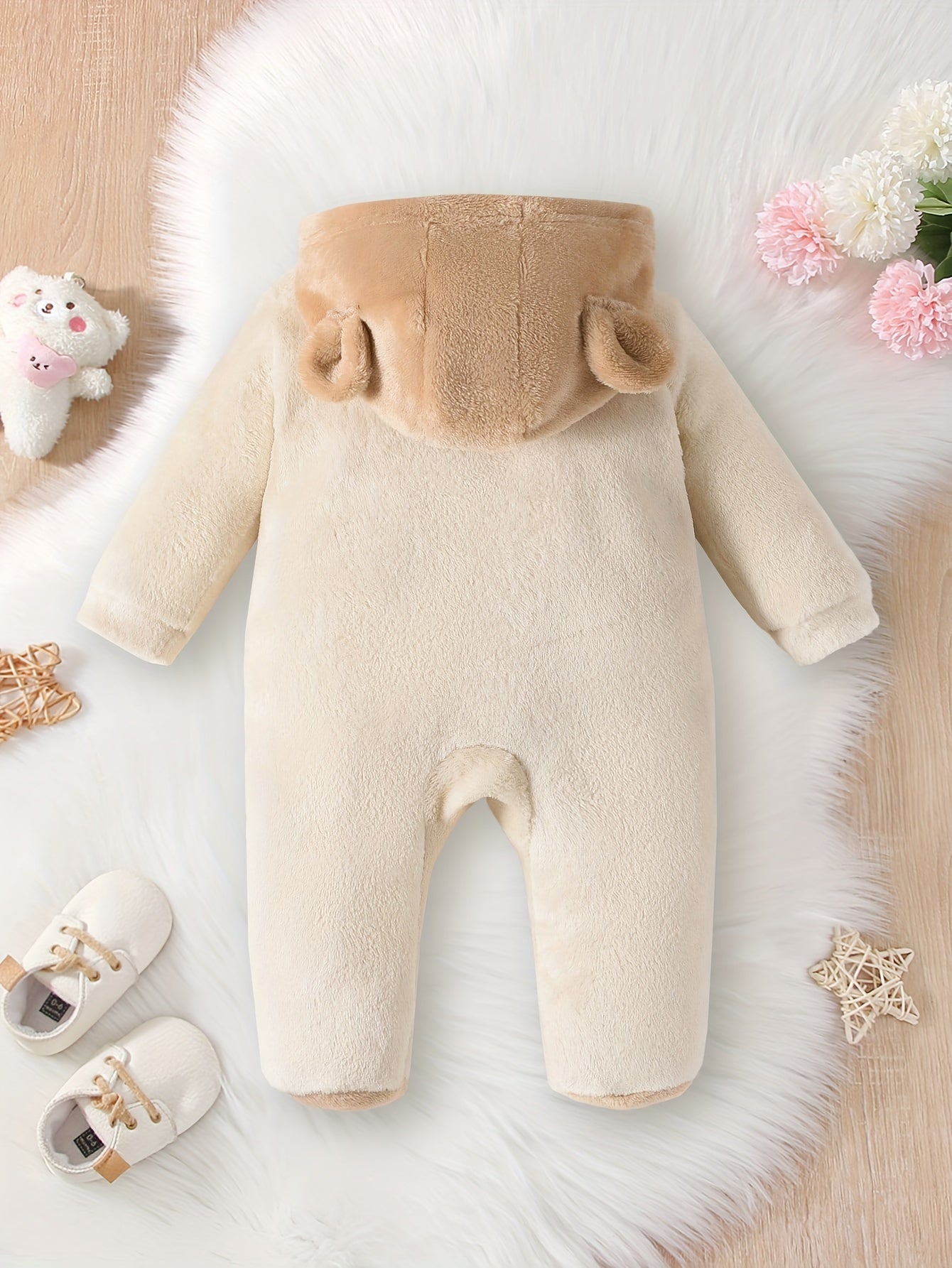Cozy Boys' Winter Bear Print Hooded Onesie – Warm Polyester, Long Sleeve, Bear Decor (Outdoor Wear, Machine Washable)