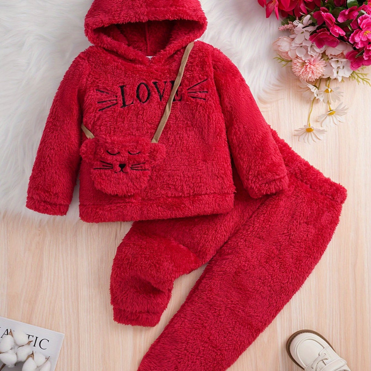 3 Pcs LOVE Embroidered Teddy Long Sleeve Top, Pants & Bag Set – Cozy Winter/Fall Outfit for Girls, Perfect for Casual Outings - Kidzy Market