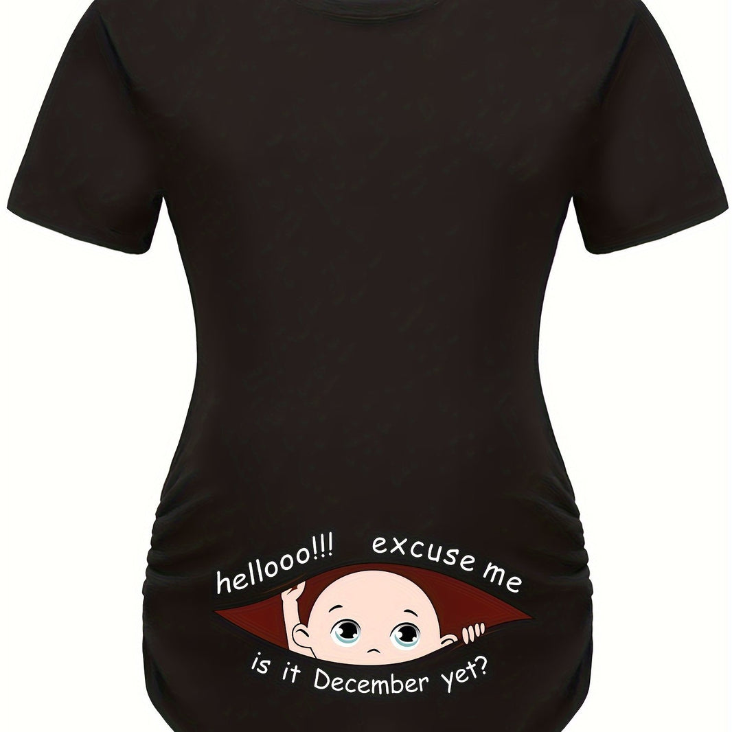 Hello Month & Cartoon Character Print Maternity T-Shirt, Round Neck Short Sleeve Pregnant Women's Top for Pregnancy Announcement - Comfortable Fit