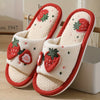 Strawberry Linen Slip-On Slippers — Open-Toe Breathable Fabric, Soft TPR Anti-Slip Sole, Lightweight Indoor Summer Flats