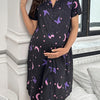 Women's Maternity Nightgown – Purple Butterfly & Pink Moon Star Print Short-Sleeve Button-Front Sleep Dress, Machine-Washable Regular-Fit Pregnancy Pajamas