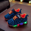 Spider Net Woven Kids LED Light Sneakers – Breathable Mesh, Non-Slip TPR Sole, Hook & Loop Closure for Boys & Girls