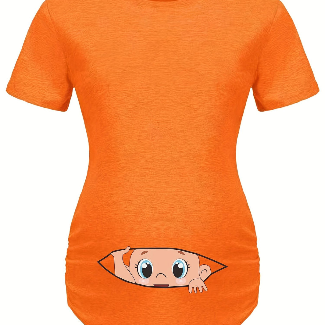 Letter Printed Short-sleeved Maternity Wear Black T-shirt with Big-eyed Baby Pattern