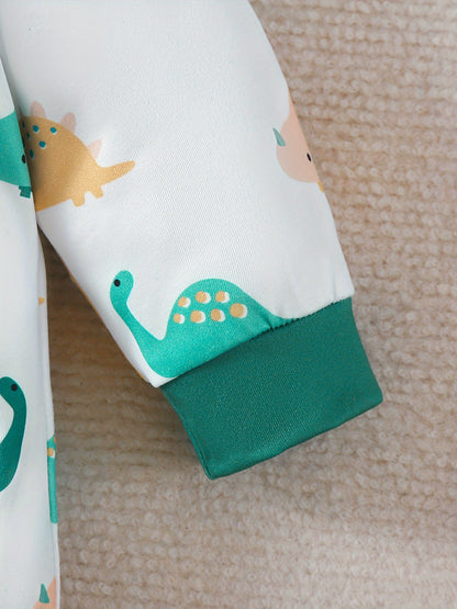 Three-Piece Dinosaur-Themed Green Striped Onesie Set for Baby Boys – Outdoor Wear, Comfortable & Cute