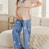 Women's Nursing Pajama Set - Heart Print Cross-Over Nursing Top & Knit Long Pants, Short Sleeve Crew Neck, Regular Fit Maternity Sleepwear