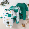 Three-Piece Dinosaur-Themed Green Striped Onesie Set for Baby Boys – Outdoor Wear, Comfortable & Cute