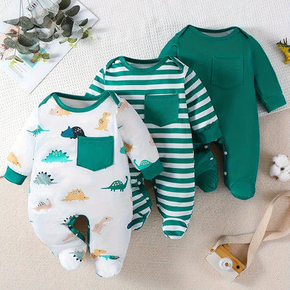 Three-Piece Dinosaur-Themed Green Striped Onesie Set for Baby Boys – Outdoor Wear, Comfortable & Cute