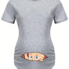 Letter Printed Short-sleeved Maternity Wear Black T-shirt with Big-eyed Baby Pattern