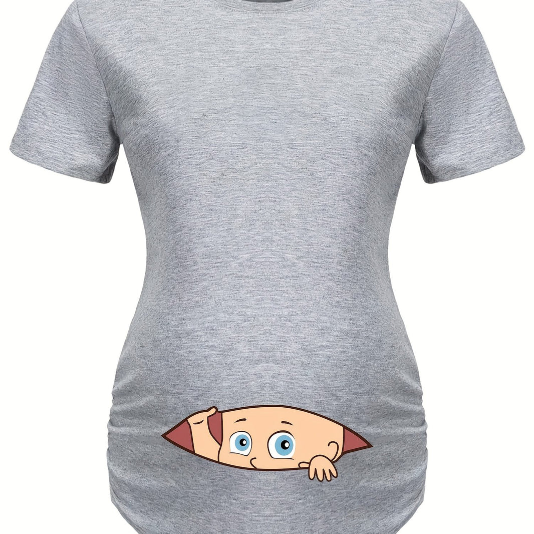 Letter Printed Short-sleeved Maternity Wear Black T-shirt with Big-eyed Baby Pattern
