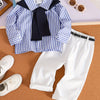 4-Piece Baby Boy Striped Lapel Outfit Set — Long Sleeve Cardigan, White Pants, Belt & Shawl, 0–3 Years (0–36 Months)