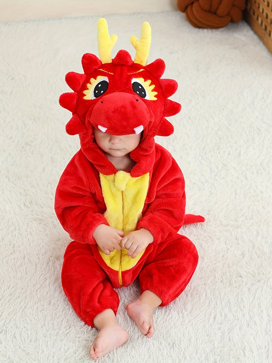 Toddler Red Dragon Animal Romper Pajama – Hooded Long Sleeve Sleepwear (100% Polyester, Flame Resistant, Spring/Fall, Boys & Girls)