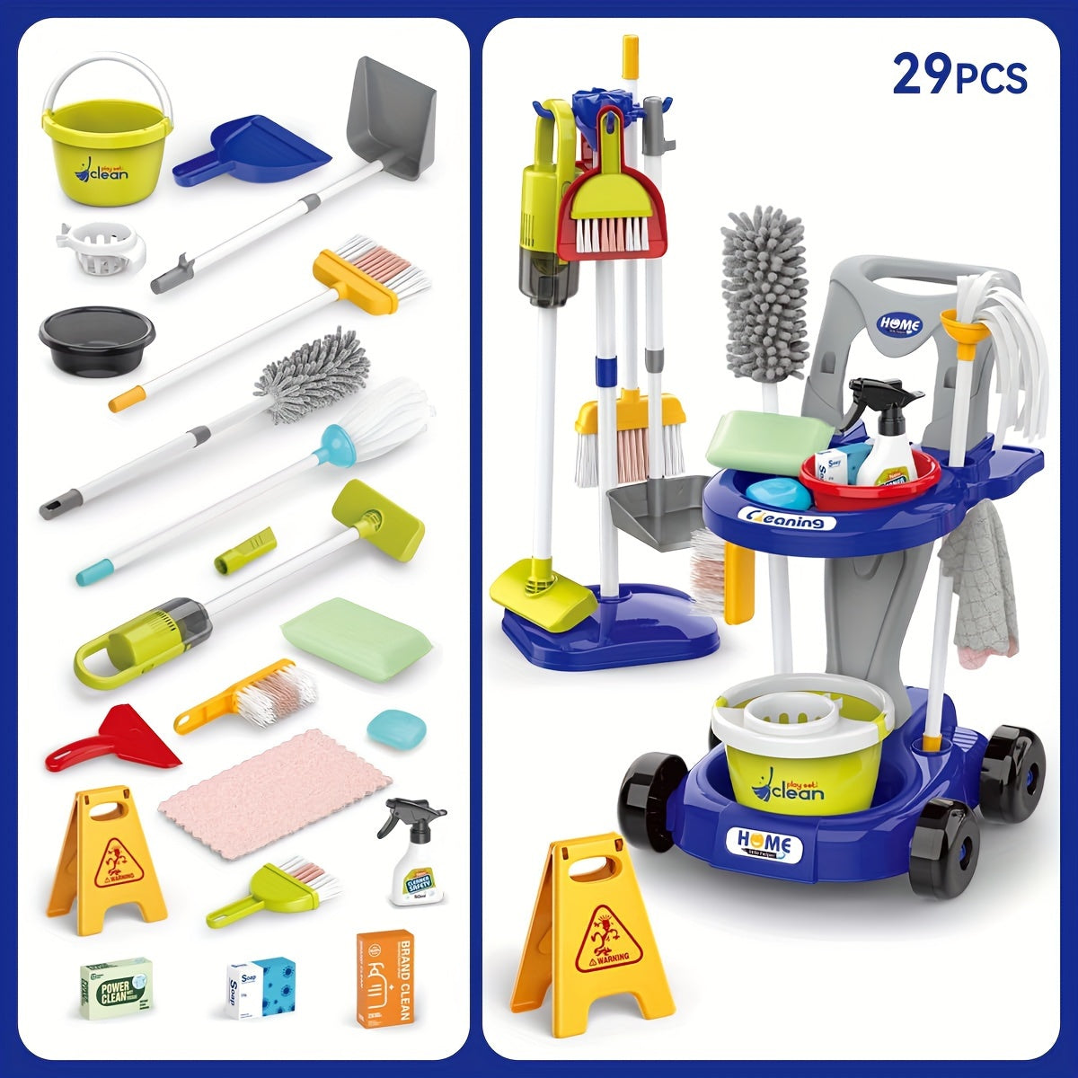 6-Piece ABS Kids Cleaning Cart Play Set with Mini Vacuum, Broom, Mop & Bucket - Pretend Play Cleaning Toys for Toddlers (Red & Blue) – view 10