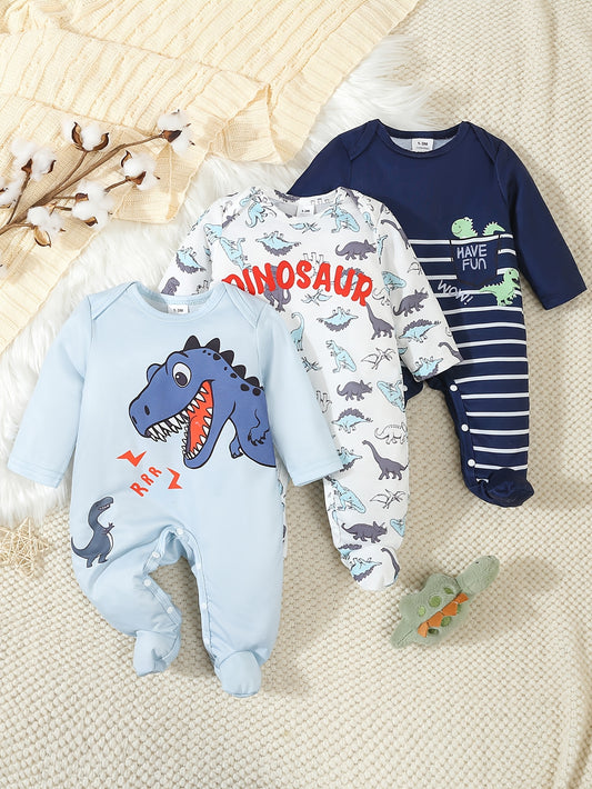 Set of 3 Dinosaur Print Onesies – Soft & Stretchy Rompers for Baby Boys (Perfect for Outdoor Wear, 0-12 Months)
