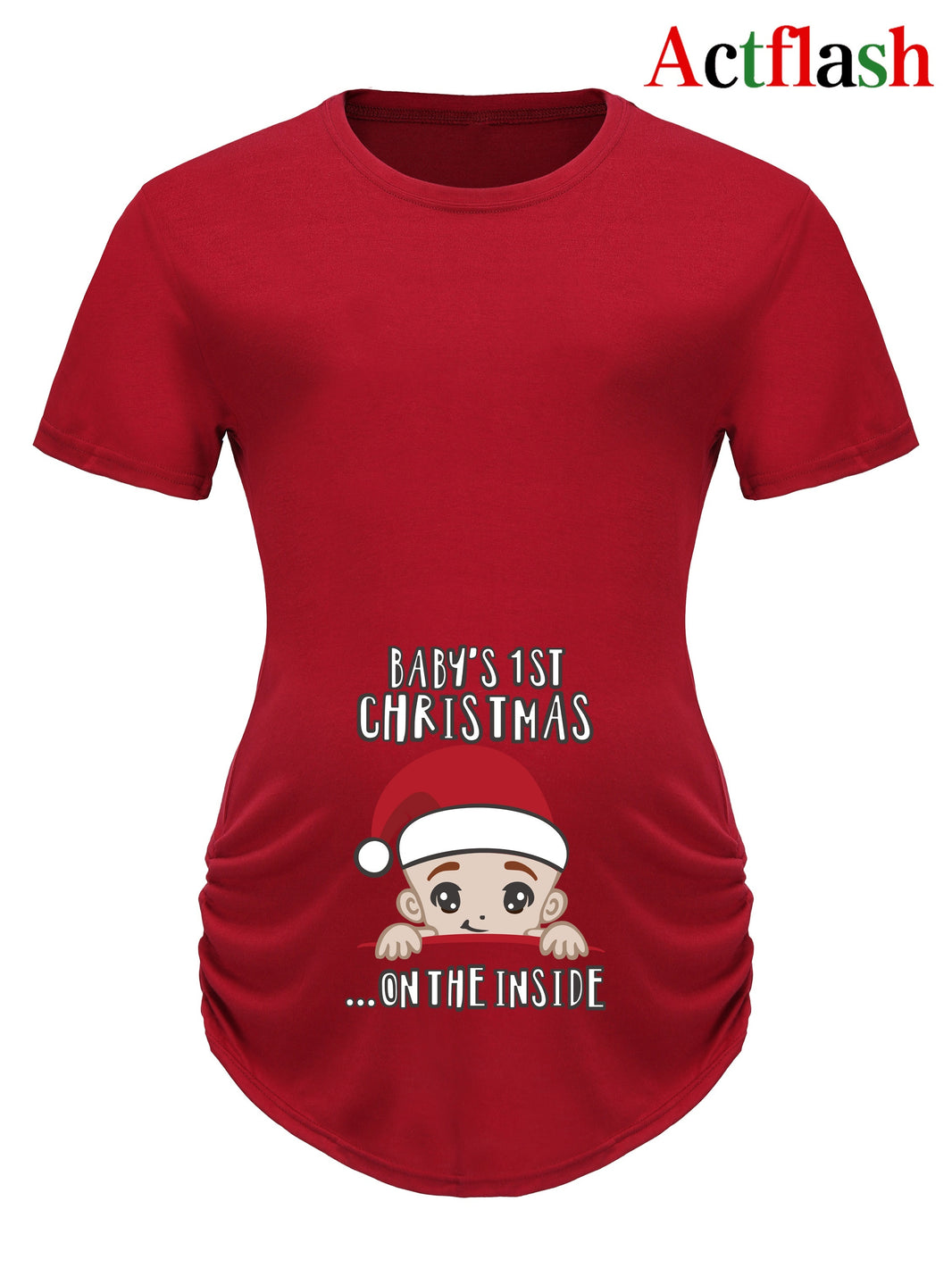 Actflash Festive Christmas Youngsters Print Maternity Tee - Comfy Polyester & Spandex Blend, Crew Neck, Short Sleeve, Perfect for Summer, Christmas Hat, Cute Youngsters Announcement Shirt