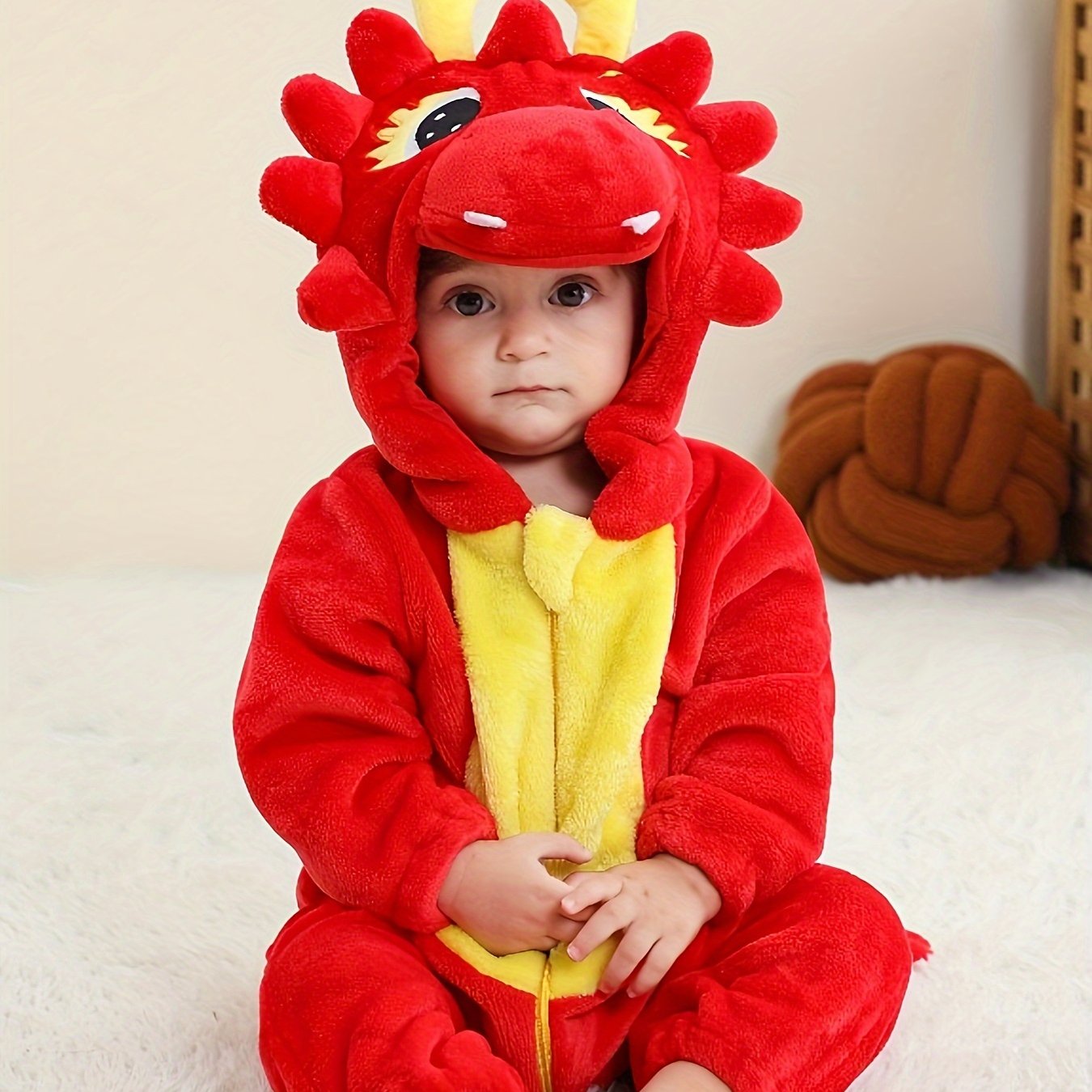 Toddler Red Dragon Animal Romper Pajama – Hooded Long Sleeve Sleepwear (100% Polyester, Flame Resistant, Spring/Fall, Boys & Girls)