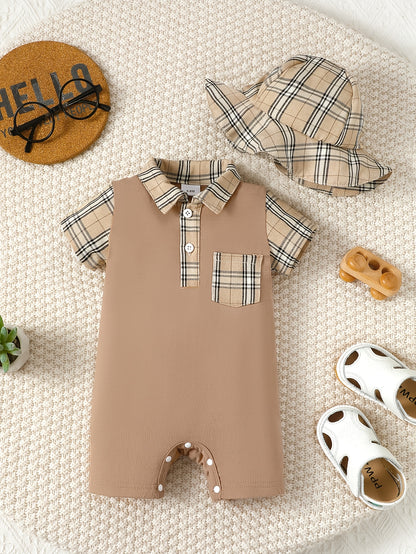 Baby Boy Plaid Print White Short Sleeve Romper with Plaid Fisherman Hat – Casual & Cute (0-3 Years, Summer Wear)