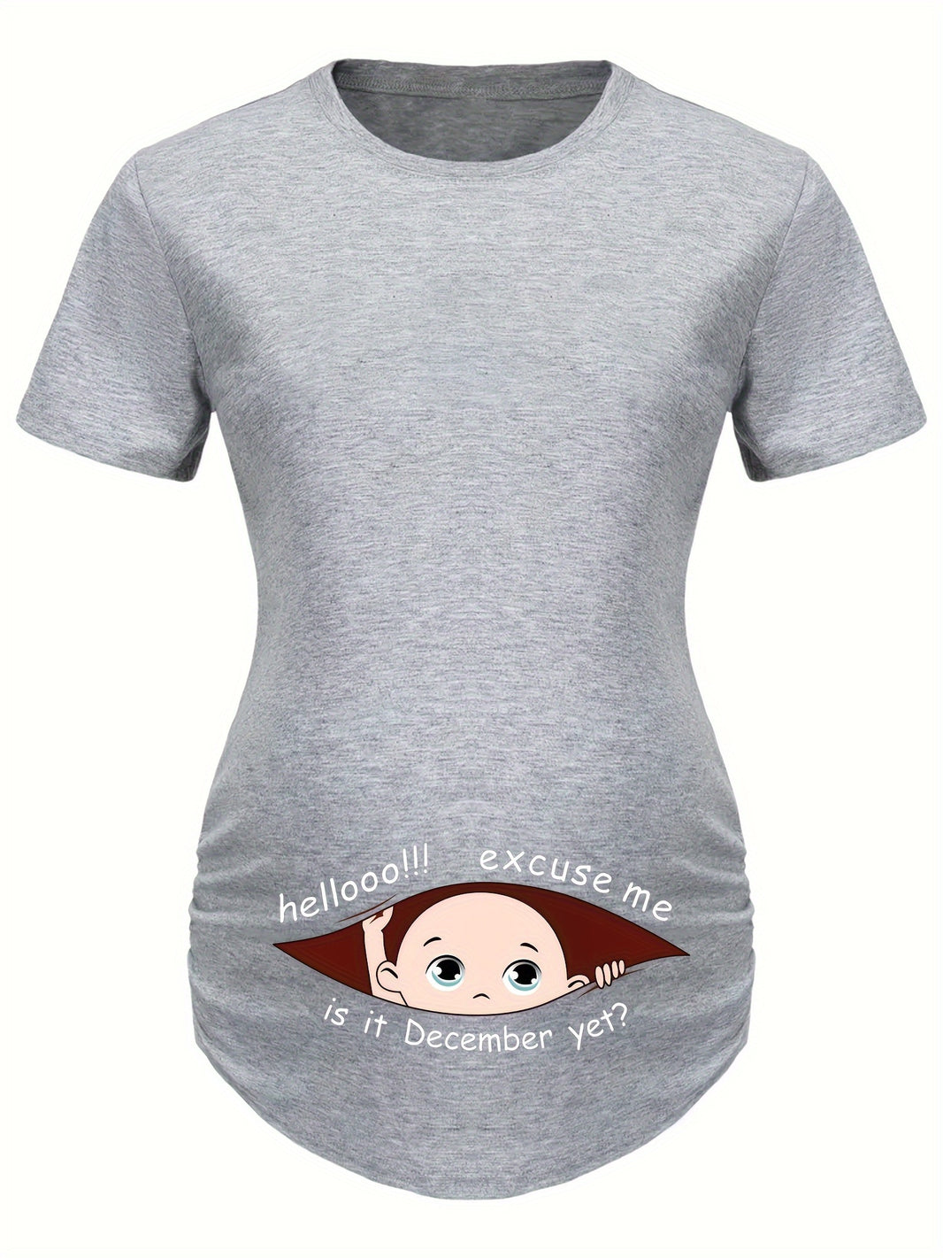 Hello Month & Cartoon Character Print Maternity T-Shirt, Round Neck Short Sleeve Pregnant Women's Top for Pregnancy Announcement - Comfortable Fit