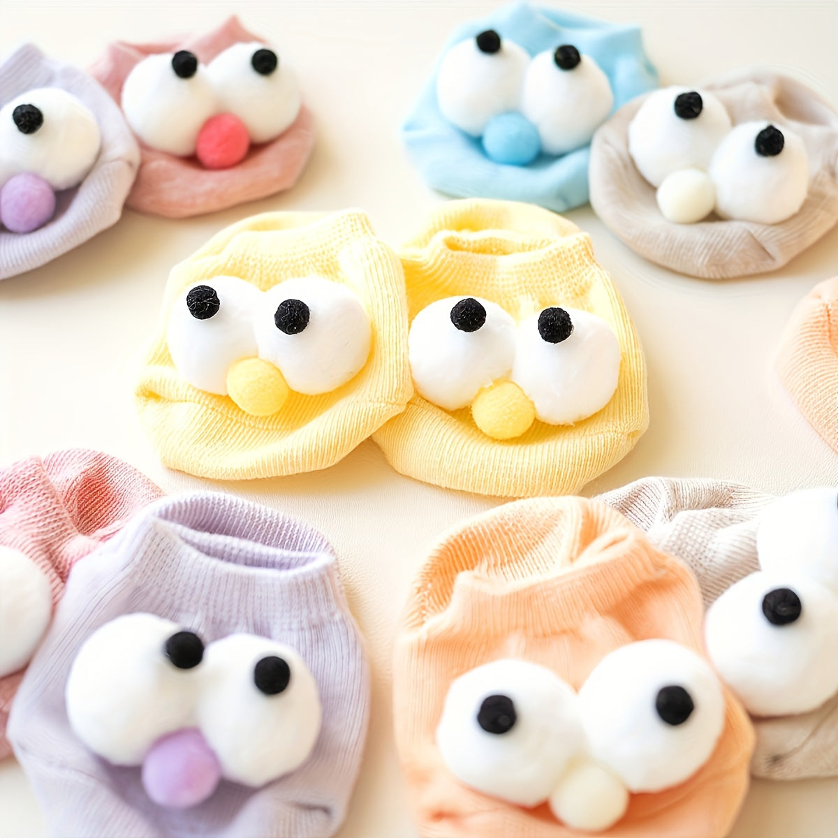 4 Pairs Youngsters Big Eyes Soft Non-Slip Boat Socks - Candy Color Cute Cartoon Short Socks for Kids