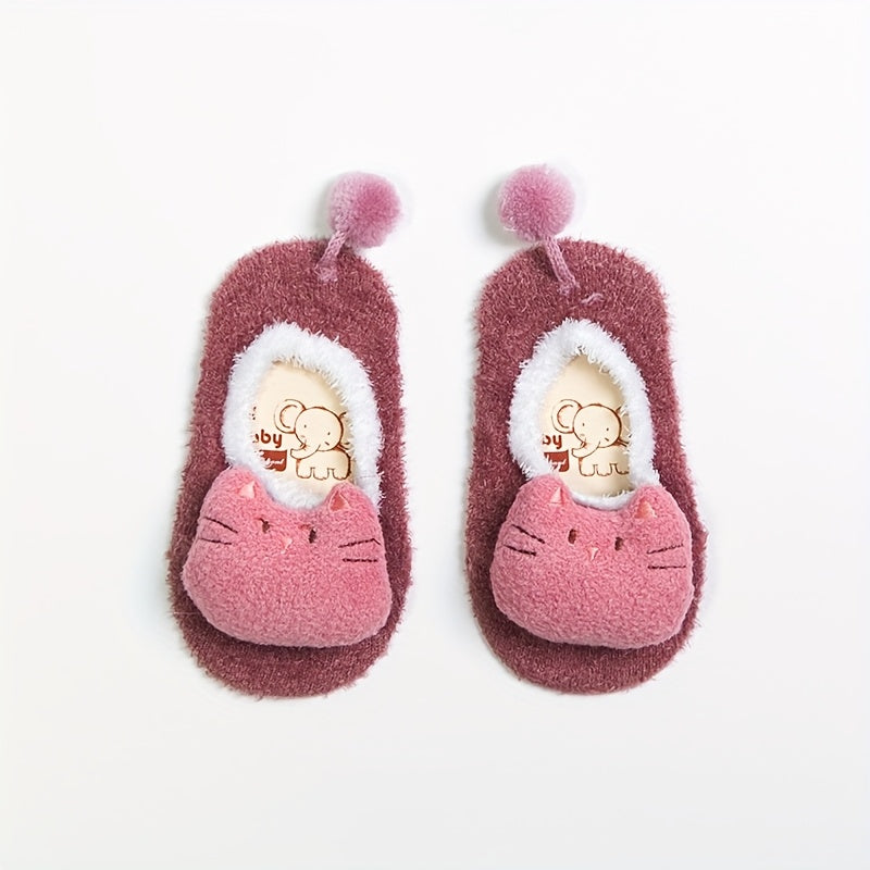 1 Pair/2 Pairs Cute Animal Anti-Slip Breathable Boat Socks for Youngsters - Cozy Polyester & Spandex Blend, Hand Wash Only | All-Season Comfort, Anti-Slip, Fluffy Cuff, Soft Knitted Texture