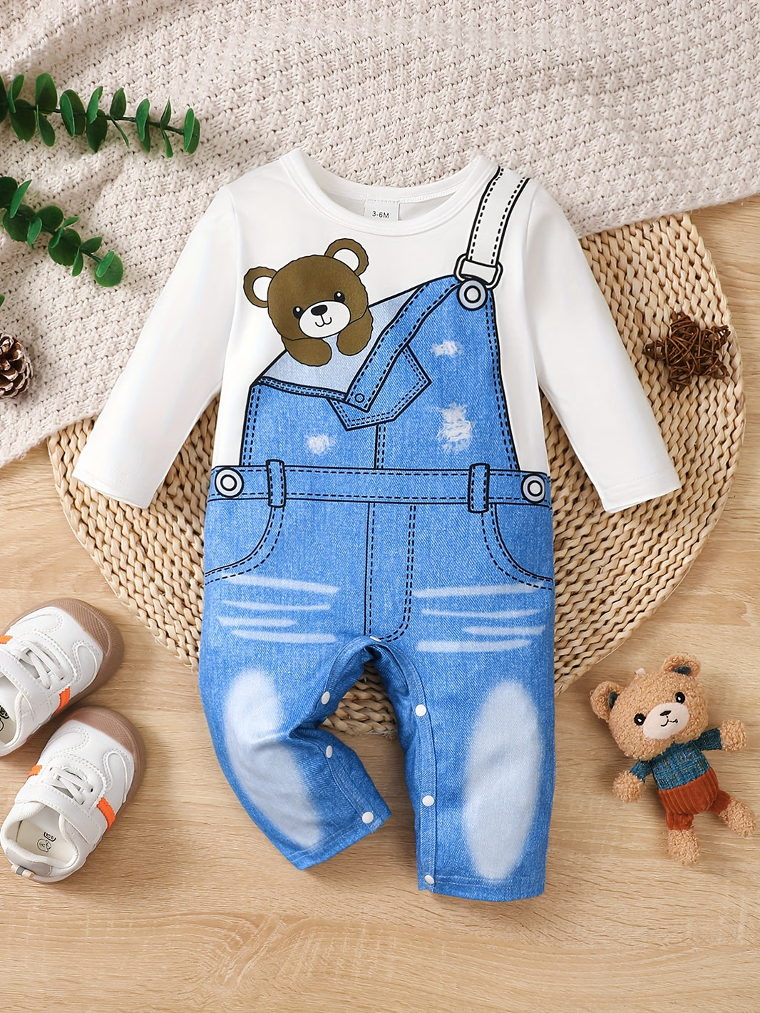 Baby's Cartoon Imitation Denim Jumpsuit – Long Sleeve Romper, Casual Style (Toddler & Infant Boy's Outdoor Clothing)
