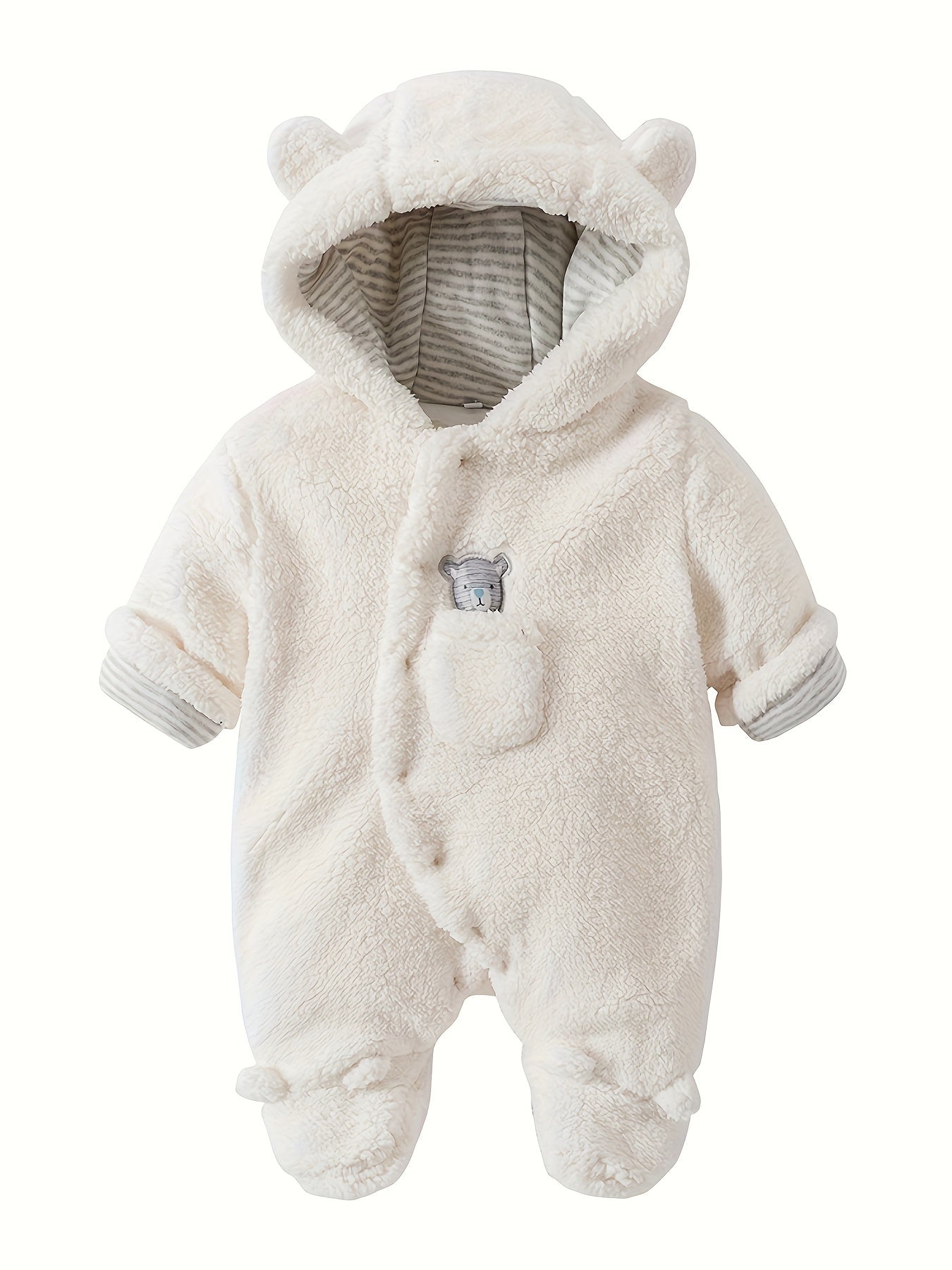 Unisex Newborn Baby Fleece Footie Snowsuit – Hooded Cartoon Bear Jumpsuit (Winter Coat, Warm Romper for Boys & Girls)