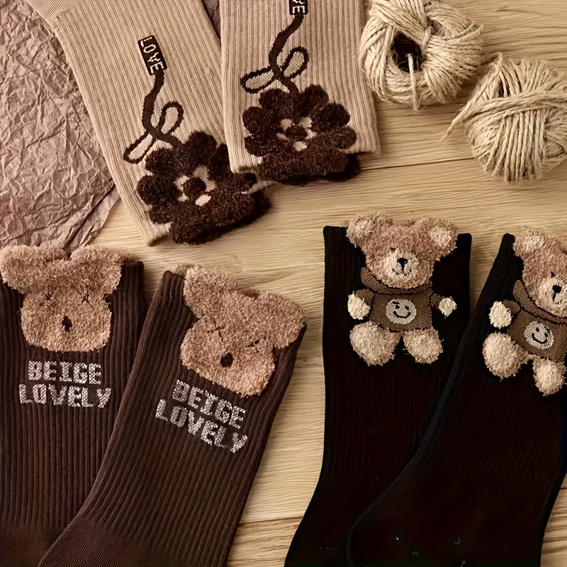 6 Pairs Cute Bear and Flower Socks - Perfect for Autumn and Winter